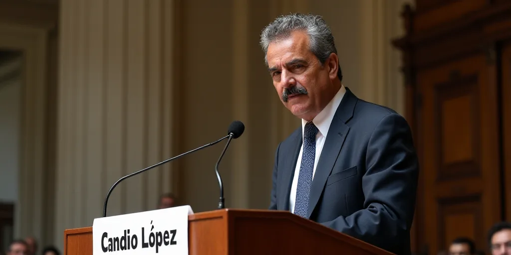 a man in a suit and tie standing at a podium with a microphone in front of him and a sign behind him