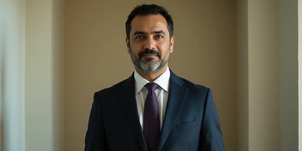 a man in a suit and tie standing in a corner of a room with a wall behind him and a wall behind him,