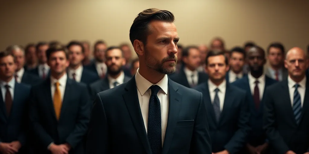 a man in a suit and tie standing in front of a crowd of people in suits and ties,, Dan Scott, hopper
