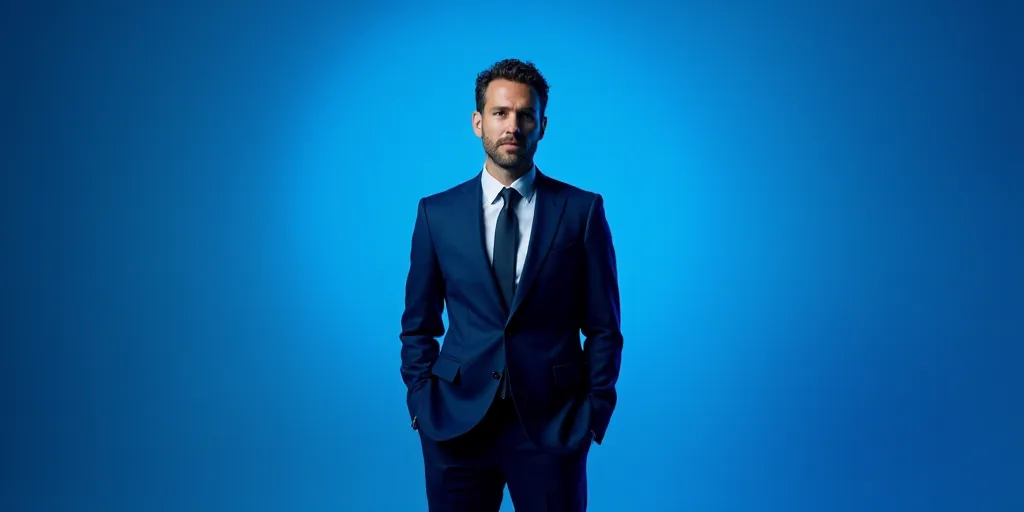 a man in a suit and tie standing in front of a blue background with the words antonio ai showbiz, An