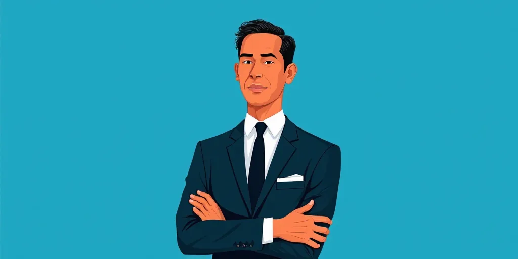 a man in a suit and tie standing with his arms crossed in front of him, with a blue background, Carl