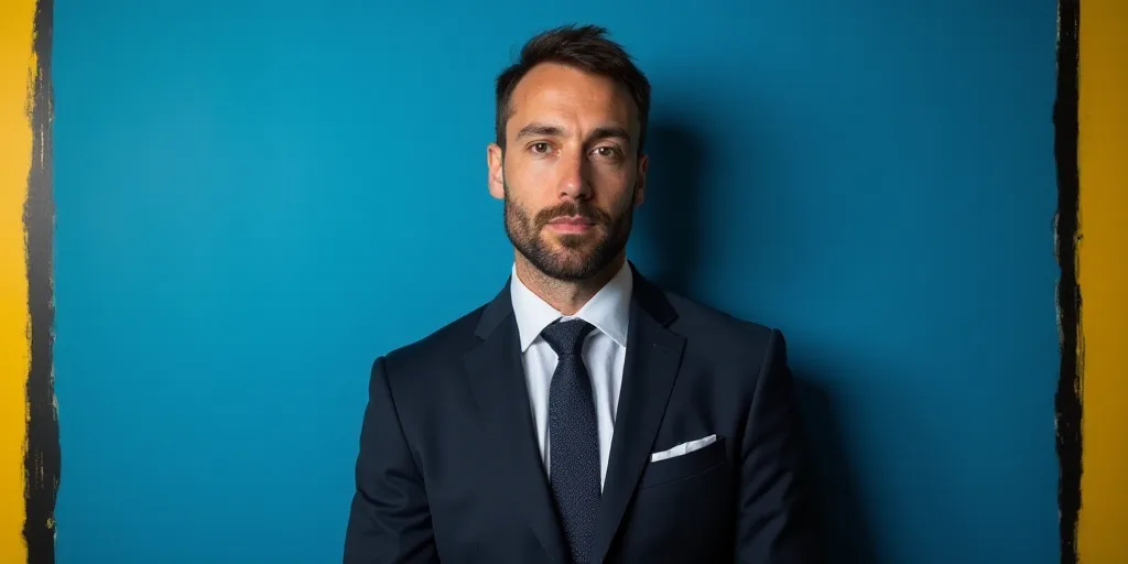 a man in a suit and tie standing in front of a blue background with a black and yellow border, Chris
