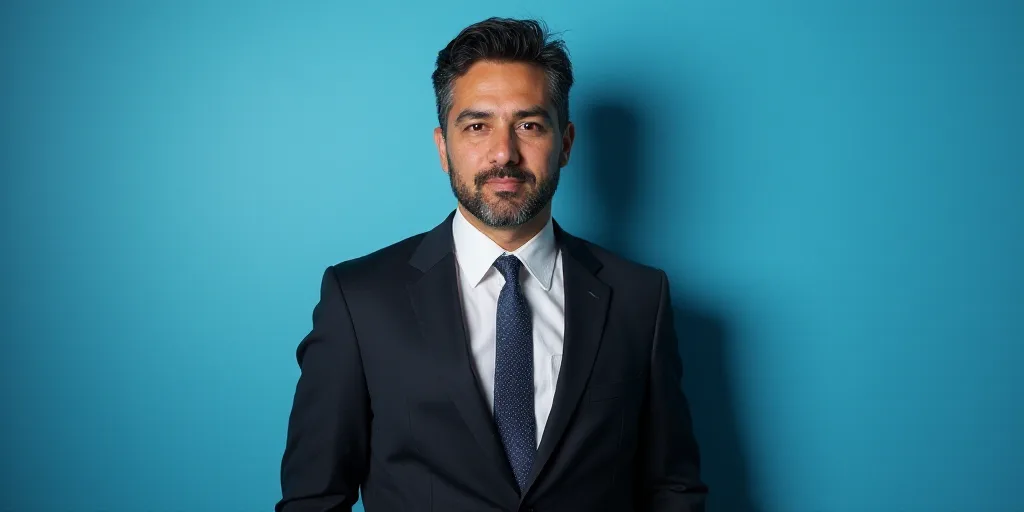 a man in a suit and tie standing in front of a blue background with a black and white photo, Alejand