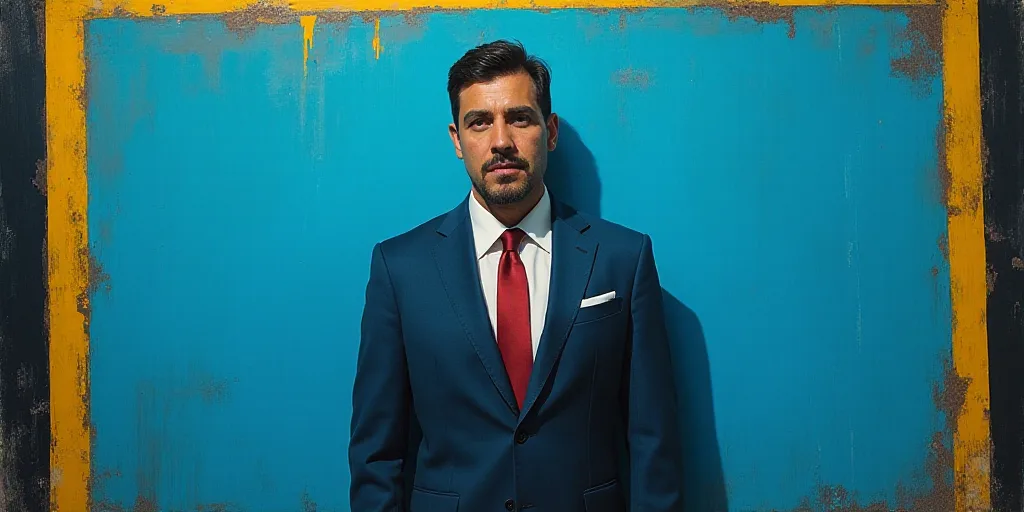 a man in a suit and tie standing in front of a blue background with a black and yellow border, Artur