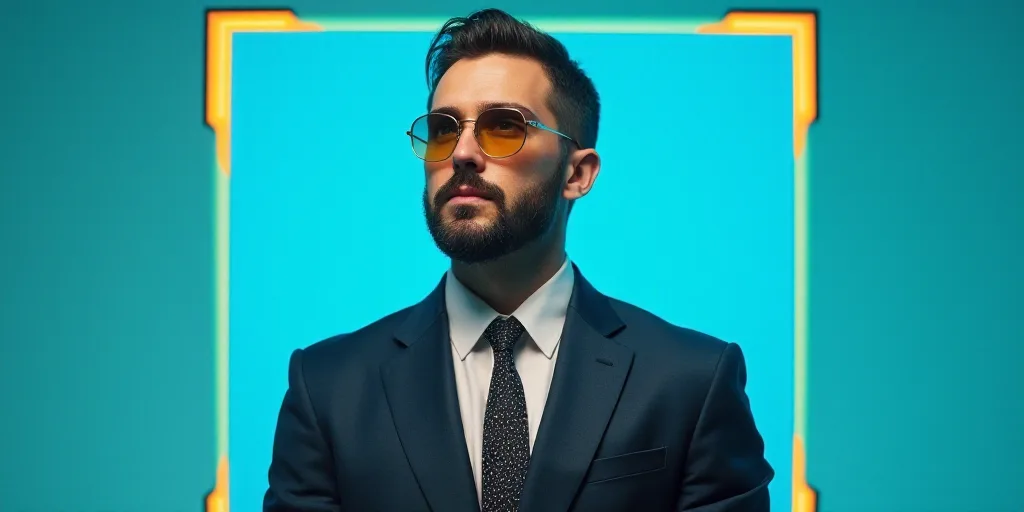 a man in a suit and tie standing in front of a blue background with a black and yellow border, Carlo