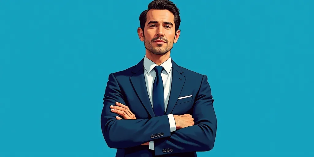 a man in a suit and tie standing with his arms crossed in front of him, with a blue background, Carl
