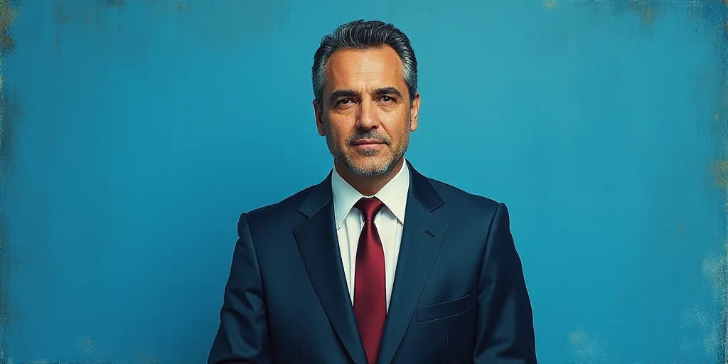 a man in a suit and tie standing in front of a blue background with a caption that reads, louis migu