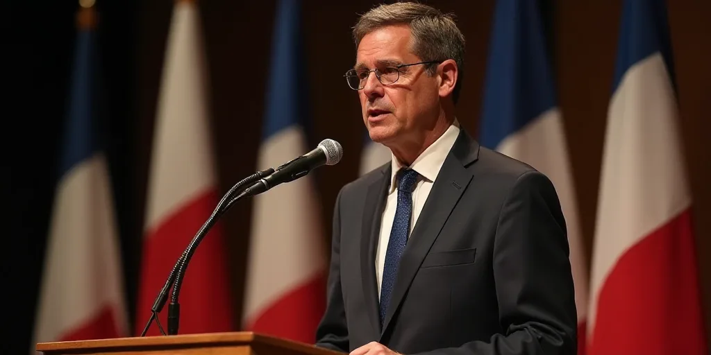 a man in a suit and tie standing at a podium with flags behind him and a microphone in front of him,