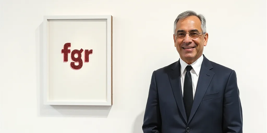 a man in a suit and tie standing in front of a white wall with a sign behind him that says fgr, Agus