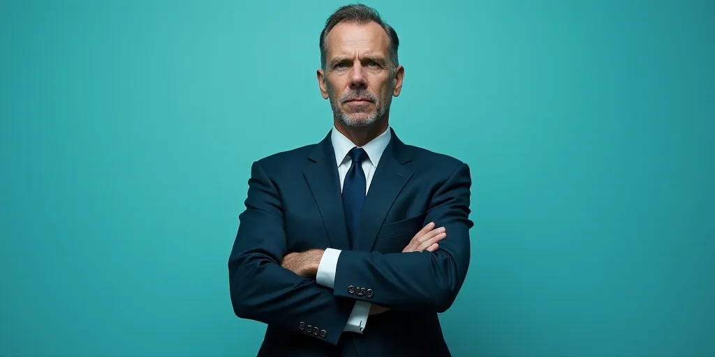 a man in a suit and tie standing with his arms crossed in front of him with a blue background, Edwar