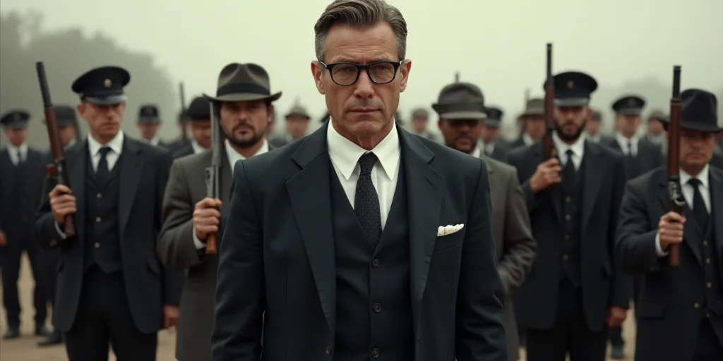 a man in a suit and tie standing next to a group of people with guns in hand and wearing glasses, É