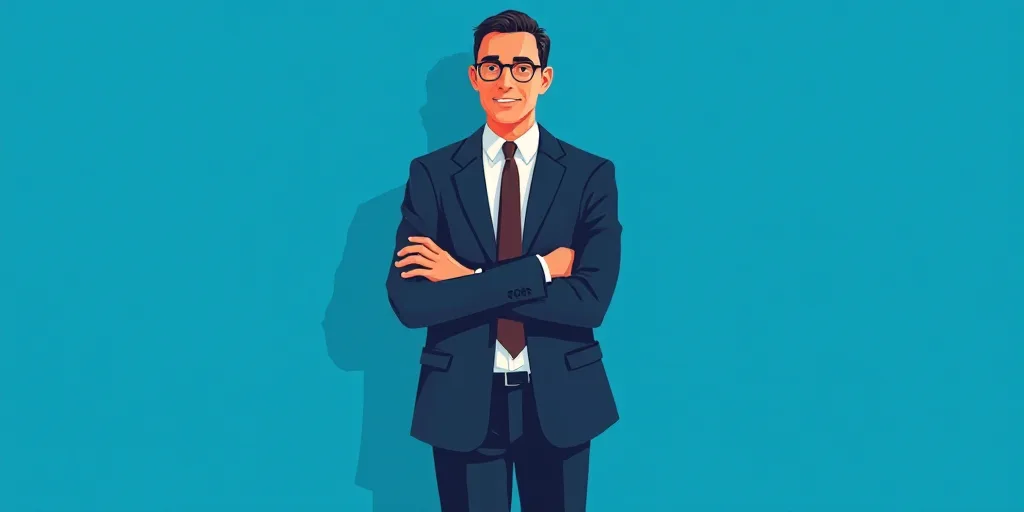 a man in a suit and tie standing with his arms crossed in front of him, with a blue background, Carl
