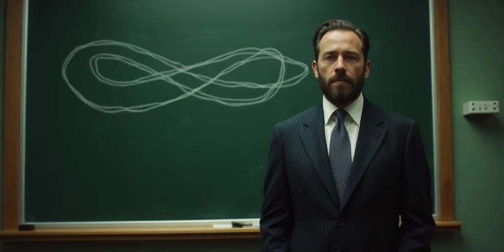 a man in a suit and tie standing in front of a blackboard with a picture of a double strand of stran