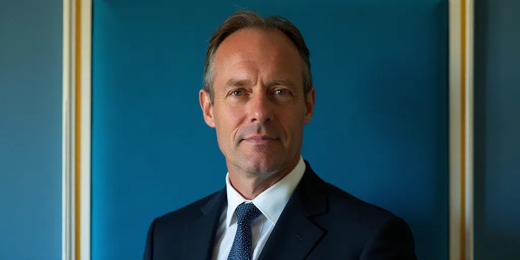 a man in a suit and tie standing in front of a blue background with a white and yellow border, Edwar