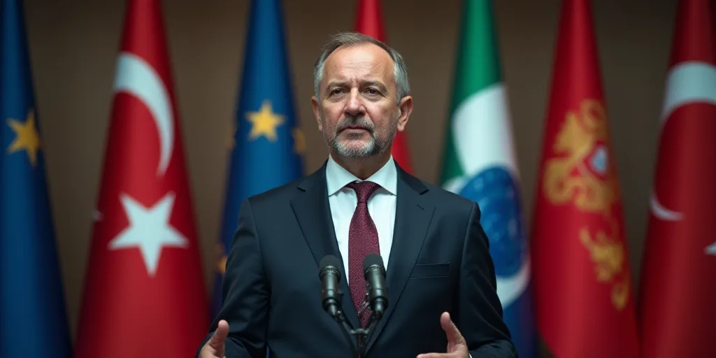 a man in a suit and tie standing in front of a microphone and flags of different countries behind hi