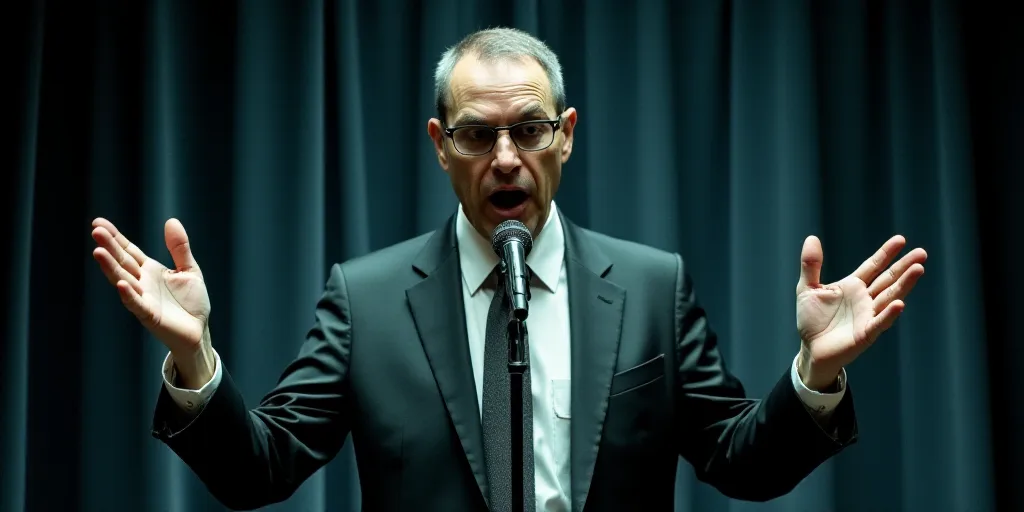a man in a suit and tie standing in front of a microphone with his hands up in front of him, Andrew