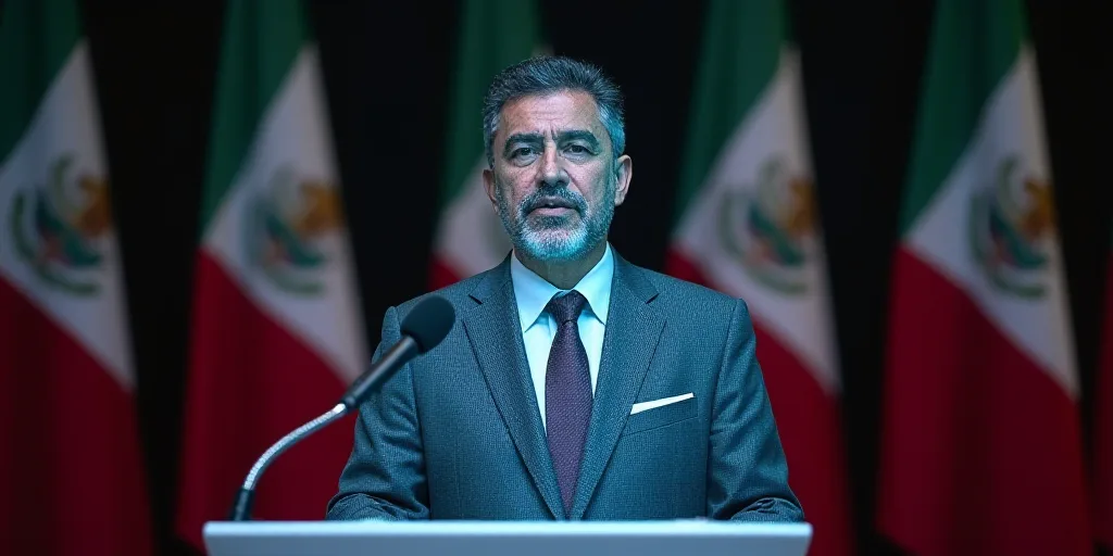 a man in a suit and tie standing at a podium in front of flags and a microphone in front of him, Car