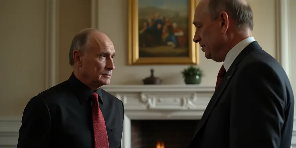 a man in a suit and tie talking to another man in a black shirt and red tie and a white fireplace, B