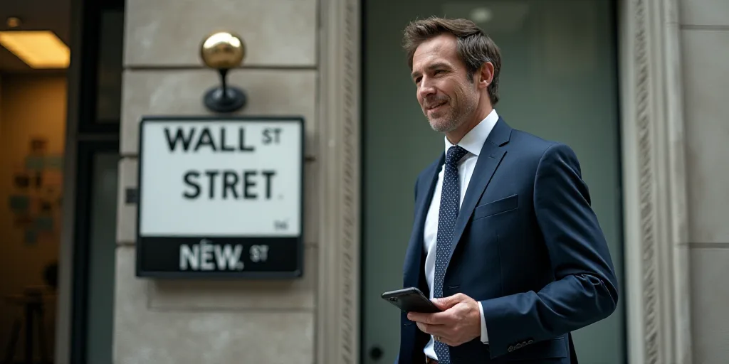 a man in a suit and tie walking past a wall street sign with a cell phone in his hand, Andries Stock