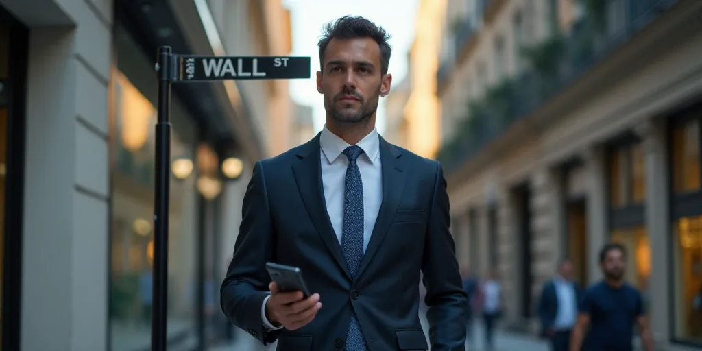 a man in a suit and tie walking past a wall street sign with a cell phone in his hand, Andries Stock