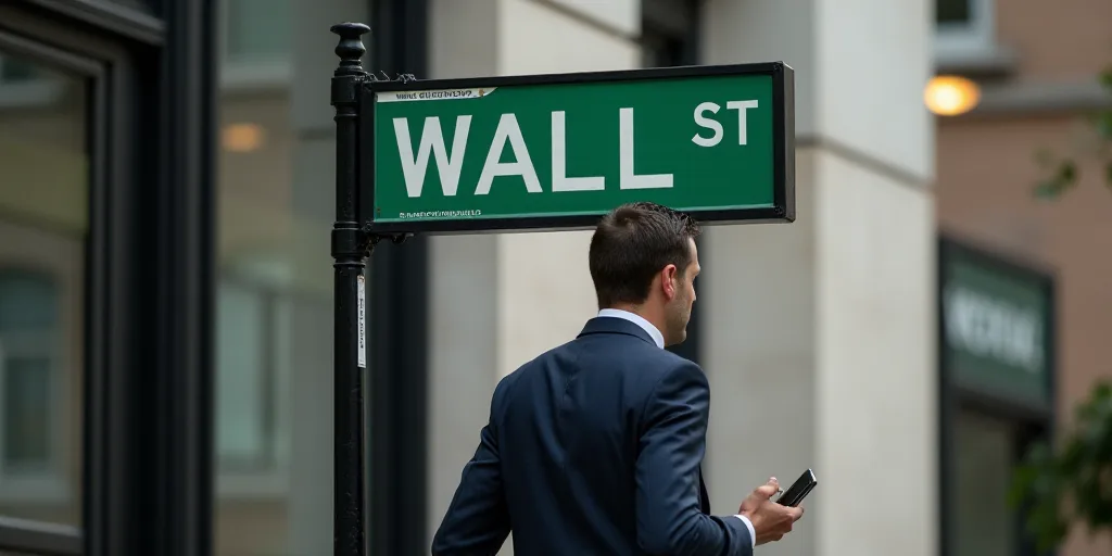 a man in a suit and tie walking past a wall street sign with a cell phone in his hand, Andries Stock