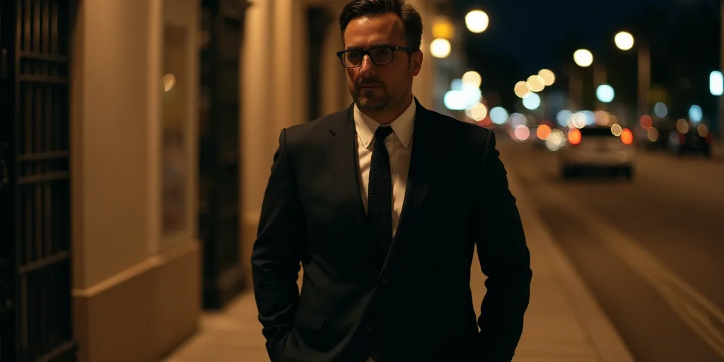 a man in a suit and tie walking on a sidewalk at night with his hand in his pocket and his hand in h