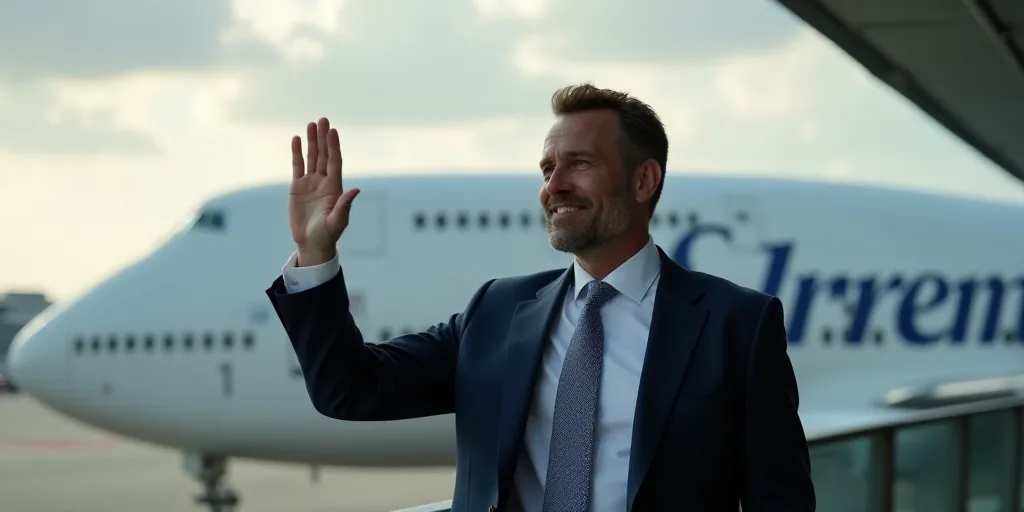 a man in a suit and tie waves to the crowd from a balcony at the airport, while holding his fist up,