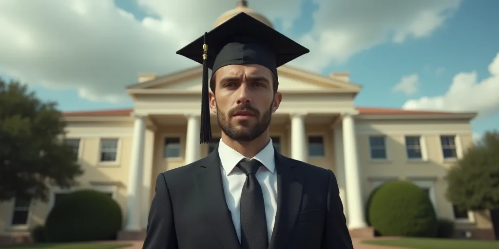 a man in a suit and tie with a graduation cap on his head and a building in the background, Austin E