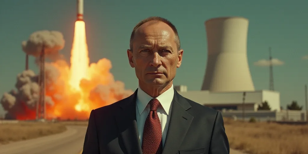 a man in a suit and tie with a picture of a rocket behind him and a smoke stack in the background, B