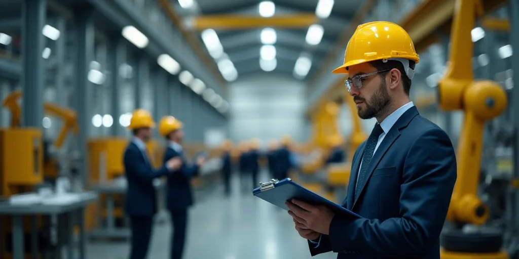 a man in a suit and yellow helmet looking at a clipboard in a factory with workers in the background