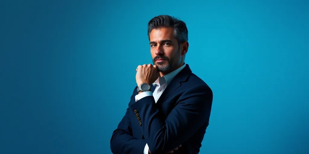 a man in a suit is posing for a picture with his chin resting on his hand, with a blue background, A