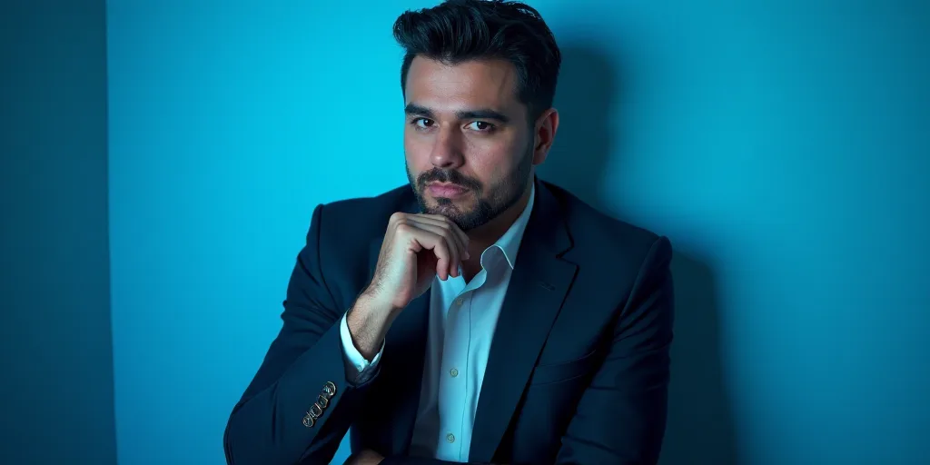 a man in a suit is posing for a picture with his chin resting on his hand, with a blue background, A