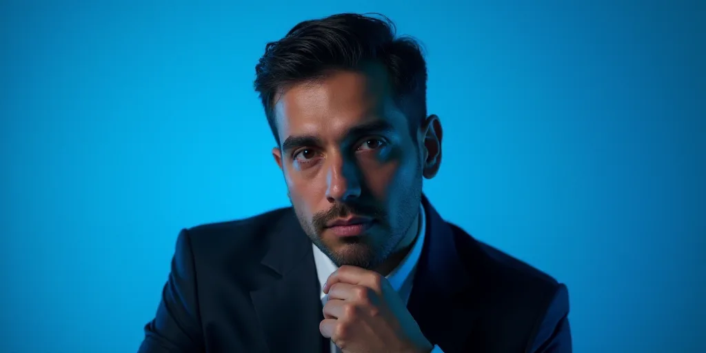 a man in a suit is posing for a picture with his chin resting on his hand, with a blue background, A
