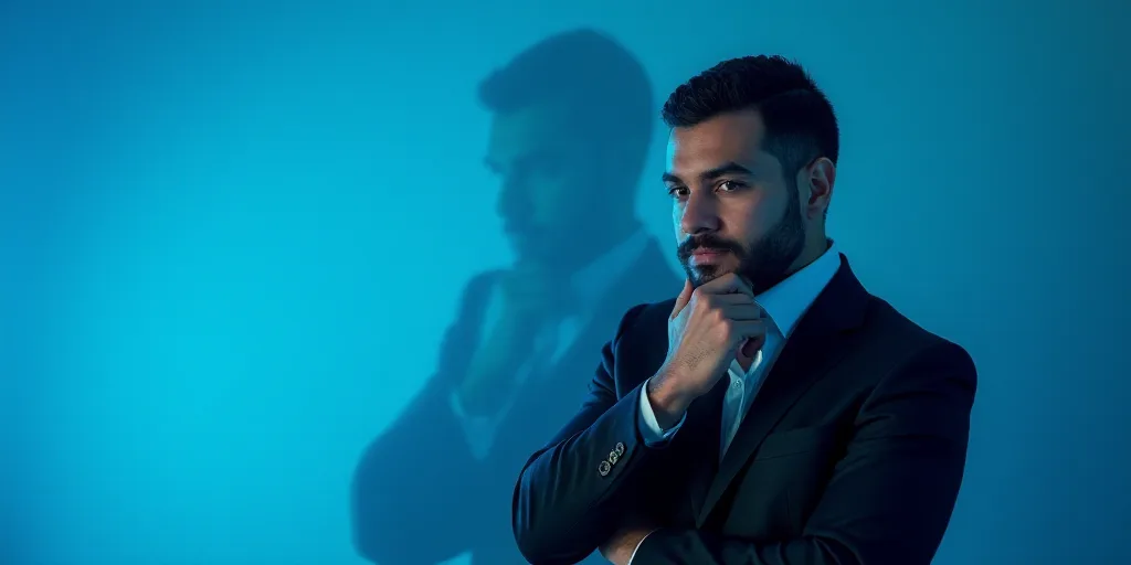 a man in a suit is posing for a picture with his chin resting on his hand, with a blue background, A