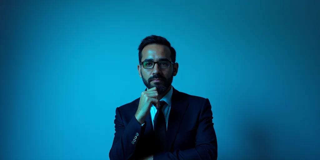 a man in a suit is posing for a picture with his chin resting on his hand, with a blue background, A