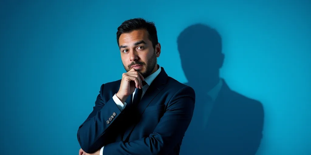 a man in a suit is posing for a picture with his chin resting on his hand, with a blue background, A