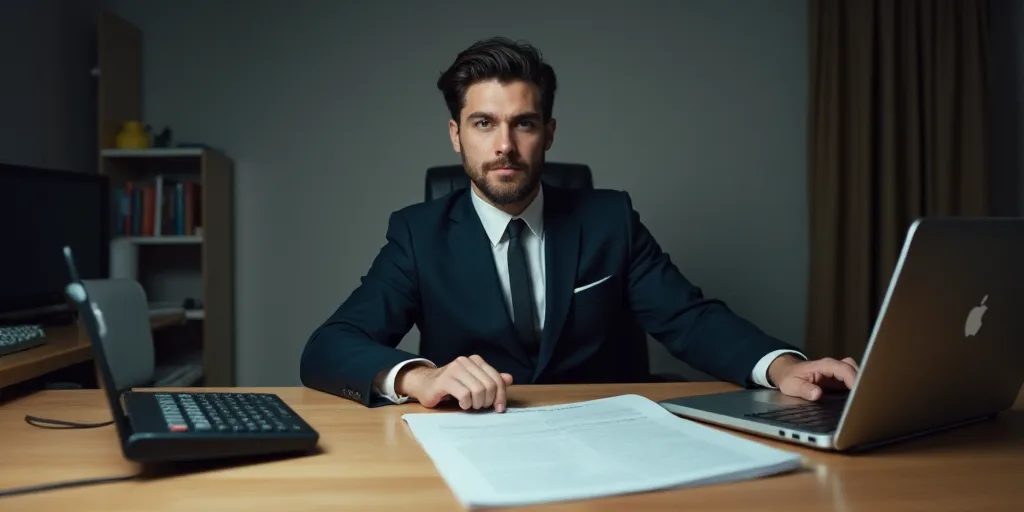 a man in a suit is sitting at a desk with a calculator and a laptop computer on it, Avgust Černigoj