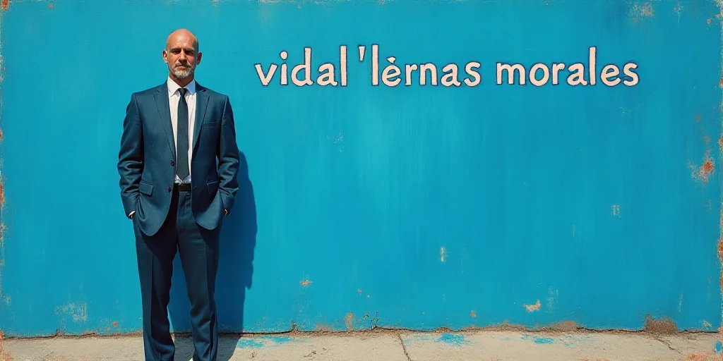 a man in a suit standing in front of a blue background with the words vidal llernas morales, Eduardo