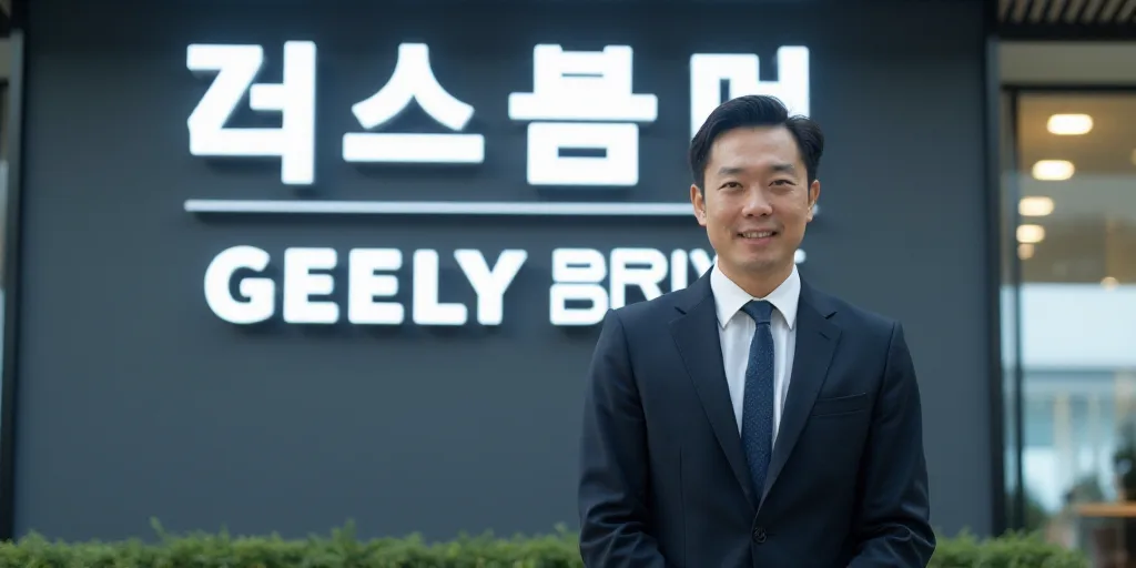 a man in a suit standing in front of a sign that says geely happy, geely drive, An Gyeon, profession