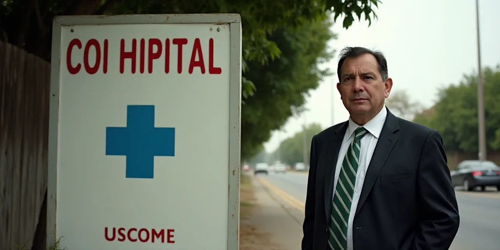 a man in a suit standing next to a sign for a hospital in mexico, with trees in the background, Carl