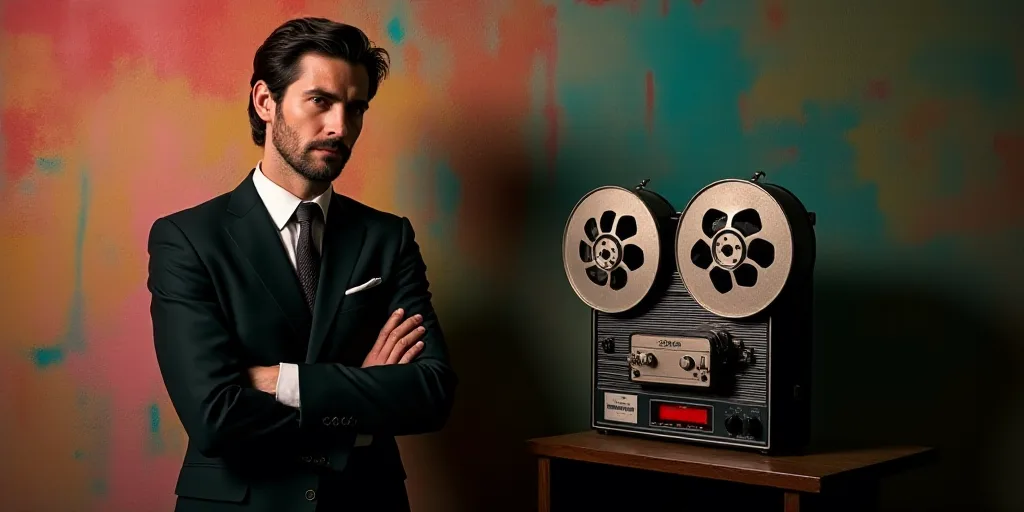 a man in a suit standing next to a tape recorder with his arms crossed and a colorful background beh