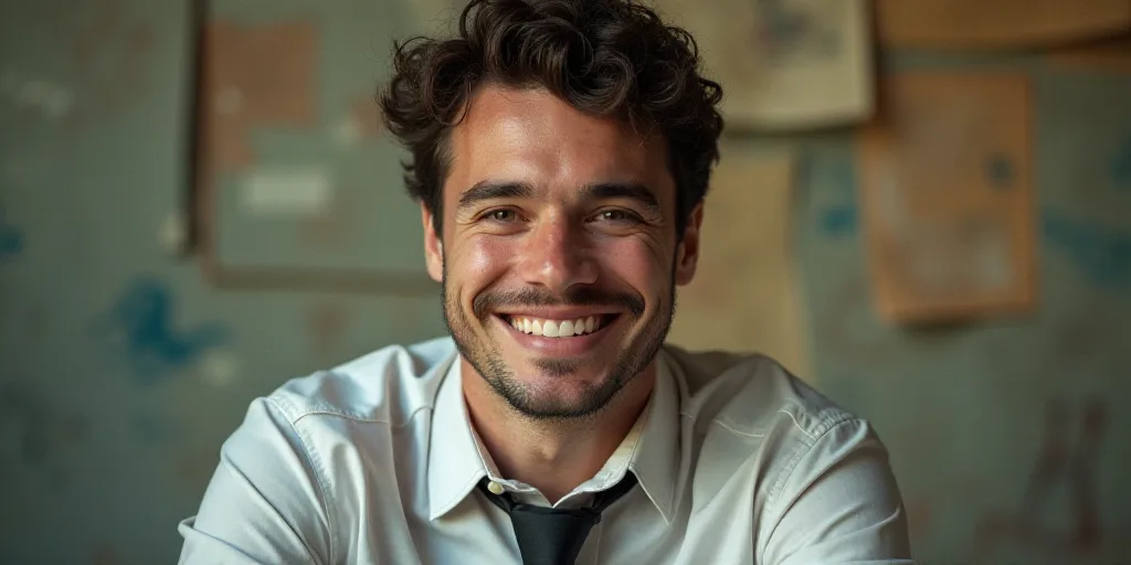 a man in a tie is smiling for the camera with a caption in spanish above him that reads, enrique cam