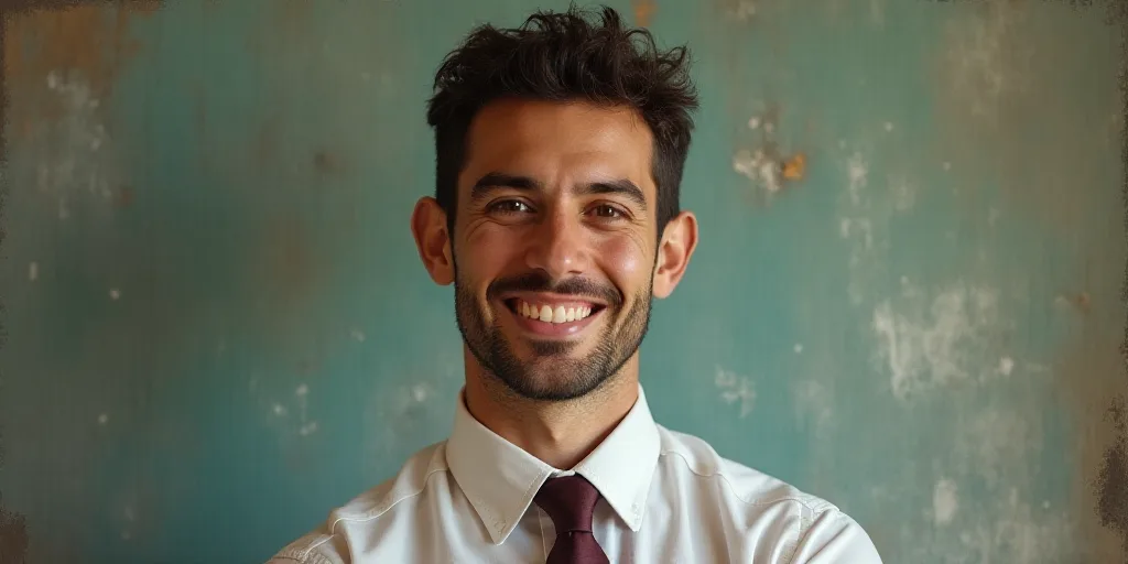 a man in a tie is smiling for the camera with a caption in spanish above him that reads, enrique cam