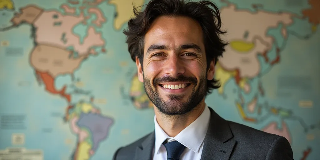 a man in a tie is smiling for the camera with a caption in spanish above him that reads, enrique cam