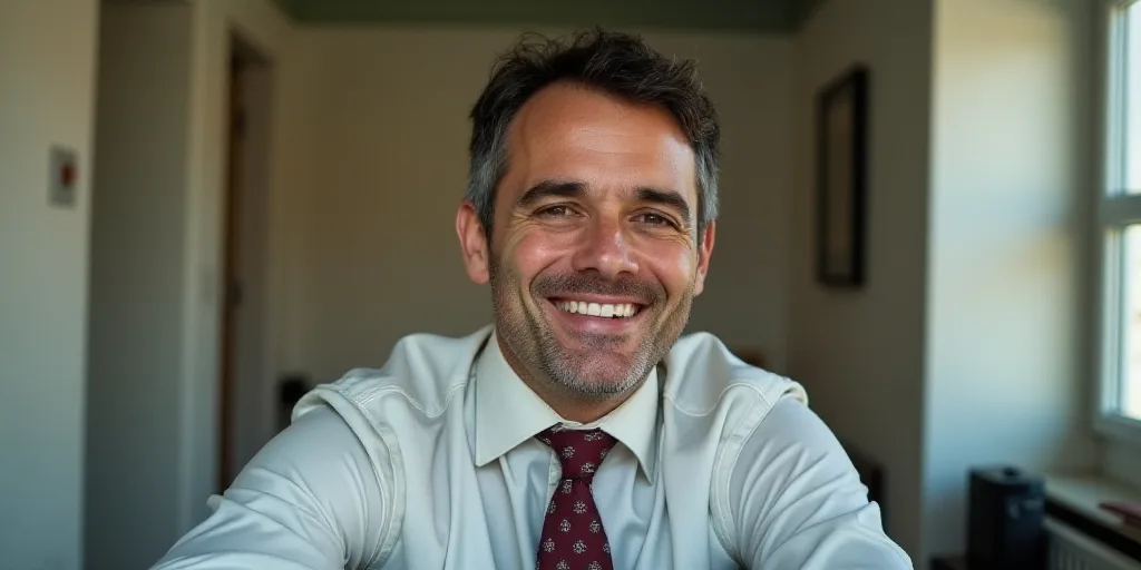 a man in a tie is smiling for the camera with a caption in spanish above him that reads, enrique cam