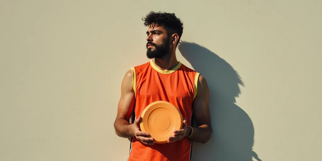 a man in a vest holding a frisbee in his hands and standing in front of a wall, Estuardo Maldonado,