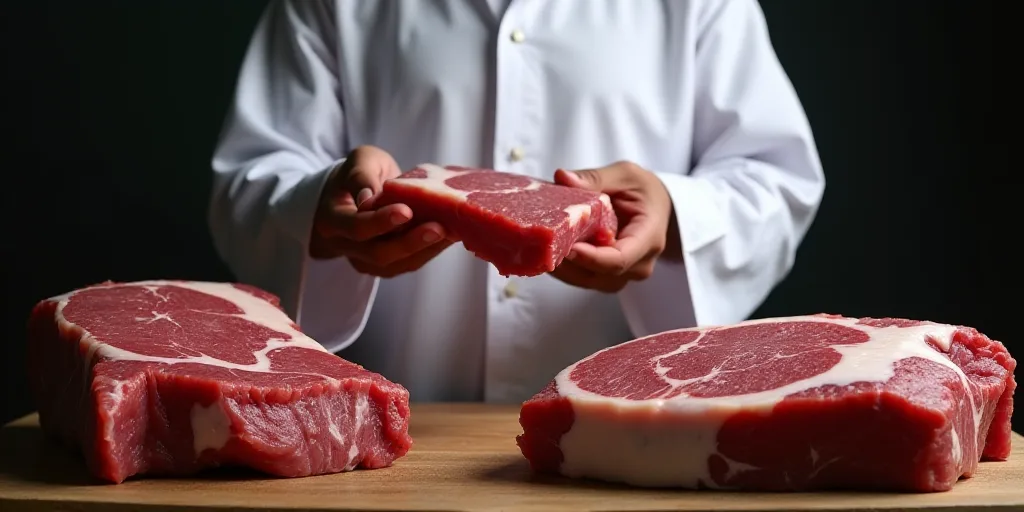 a man in a white robe holding a piece of meat in his hands and standing next to two large pieces of