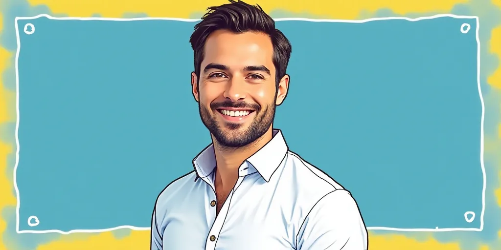 a man in a white shirt is smiling for a picture with a blue background and a yellow border around hi
