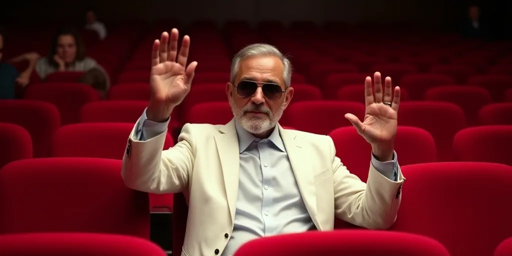 a man in a white suit and sunglasses waves to the crowd from a red chair in a room with red chairs,