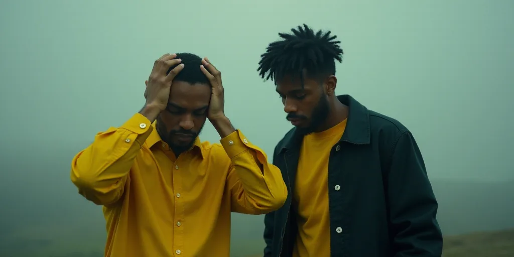 a man in a yellow shirt holds his head in his hands as he stands next to another man in a black jack